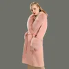 Yün Ceket Kadınlar Pied De Poule Doğal Kürk Yaka Kaşmir Karışımları Uzun Giyim Bayanlar Streetwear 211110
