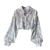 Spring Casual Printing Tie-dye Blouse Female Lapel Retro Loose Blusa Temperament Blooming Flower Shirt GK426 210506