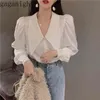 Gaganight Estilo de trabajo coreano Oficina Lady Blusa blanca Muñeca Collar Puff Manga larga Slim Blusas Primavera Nueva camisa X3025 210323