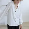 Herbst Koreanische Beiläufige Lose Chic Feste Taste Strickjacke Hemd Langarm V-ausschnitt Chiffon Bluse Frauen Weiße Tops 11118 210521