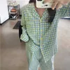 Casual plaid bomull pyjamas två styck passar mjuka snygga sovkläder kvinnor Femme hem chic lösa uppsättningar 210525