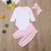 Spring Autumn Cotton born Letter Print Long Sleeve Jumpsuit Solid Color Pants Bow Headband Set Crawler Suit 210528