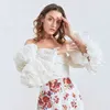 TWOTWINSTYLE Blanc Sexy Dentelle Femmes Blouses Slash Neck Off Épaule Flare À Manches Longues Dos Nu Chemise Courte Pour Femme D'été 210517