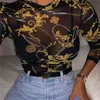 Femmes Mesh Sheer See Through Print Shirt Blouses Outwear Col Roulé À Manches Longues Tops Transparent Slim Bodycon Club Blouse 210607