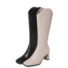 Elegante quadratische Zehe kniehohe Stiefel für Frauen breites Bein echtes Leder Winterschuhe Frau Heels Hochzeit schlank lang 210528