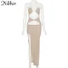 Nibber Summer Long Slim Solid Color Halterneck Dress Sleeveless Low-cut Cut Out Waist Design Elegant Goddess Style For Women Y0823