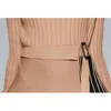 Winter Elegant Knitted Patchwork Pleated Dress Women Flare Sleeve Sweater Office Midi Vestidos With Belt 210520