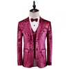 メンズレッドパイズリーの結婚式の3ピーススーツ（ジャケット+パンツ+ベスト）パーティーステージシンガーコスチュームHomme NightClub Prom Dress Suit Men Terno 210524