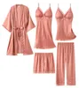 Spring 5PCS Pajamas Sets Sexy Womens Strap Top&Pants Sleepwear Sleep Suit Casual Satin Lace Print Pijamas Intimate Lingerie 210831