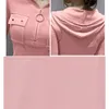 WWENN Sexy Zipper Hooded Deep V-Neck Pocket Tshirt Femme T Shirt Femmes Coton Slim T-Shirt À Manches Longues Automne Printemps Rose Tops 210507