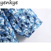 Top de popelina azul con estampado floral para mujer Sexy escote asimétrico de manga corta Crop Fashion Lady Boho Summer s blusas BBWM2386 210514