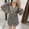 Za Draped Print Mini Dress Women V Neck Long Sleeve Front Knot Dresses Woman Chic Hidden Side Zip Interior Lining Vestidos 210602