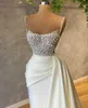 2021 Sexy Luxury Pearls Spaghetti Straps Prom Dresses Mermaid Evening Dress Beading Sequins Ruched Satin Sweep Train Party Gowns Open Back Plus Size