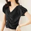Мода яркая шелковая футболка женское лето с коротким рукавом половина вспышки плиссированная пряжа дизайн 210507