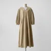 Casual Dresses Johnature 2021 V-neck Puff Sleeve Plus Size Dress Autumn Korean Loose Solid Color Pockets A-Line Women