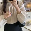 Yitimuceng Folds T-shirts Kvinna Oversize Office Lady Tops Korean Fashion Long Puff Sleeve Blus Solid Aprikos Vår Sommar 210601