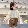 Spring Korean Style Baby Girl 2-PCs Sets Snace Långärmad T Shirts + Läder Shorts Barnkläder E5033 210610