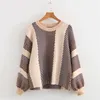 Suéter de invierno para mujer, jersey holgado de punto cálido, jerséis de bloque de Color a la moda, suéteres de rayas con mangas acampanadas 211011