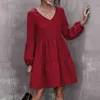 Automne couleur unie à manches longues lâche col en V robe courte pour les femmes A-ligne Vintage mini robe mignonne femmes élégantes robe vestidos 210514