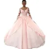 Designer Manches Longues Robe De Bal Robe De Quinceanera Train Dentelle Appliques Perles Tulle Princesse Robes De Fête D'anniversaire Douce 16 Robe 15 Ans