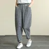 Primavera verão mulheres elásticas cintura listrada harem calças all-matched casual solto algodão tornozelo-comprimento grande tamanho M146 210512