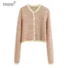 BBWM Women Fashion Jewelry Button Cropped Knitted Cardigan Vintage Long Sleeve Female Sweater Outerwear Chic Tops 210520