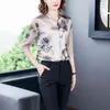 韓国のブラウス女性サテンエレガントなプリントブラウス女性v ncekシルクメッシュシャツトッププラスサイズ210323