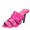 Genuine Real Women Ladies 2021 Leather High Heels Summer Casual Sandals Flip-flops Buckle Wedding Dress Gladiator Sexy Shoes Fuchsia Rose Red Big Size 34-44 67942