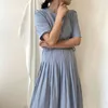 夏のエレガントな女性の長いプリーツのドレスショートスリーブOネックソリッド韓国の描画女性Aラインドレス210428