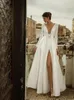 Casual Dresses Mandylandy Retro Sexy Dress Women Solid Color Backles Deep V Long Maxi White Sleeve Mid-Waist Split V-neck Gown