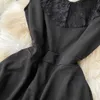 Корейский модный кружевной край с коротким рукавом тонкие а-линия платье женщины черный Harajuku Vestidos de Mujer R263 210527