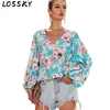 Mujeres otoño otoño suelto blusa camisa hoja floral estampado en v cuello hazaña manga larga casual bolso camisas blusas más tamaño tops 210507