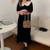 Women French Retro Solid Dress Velvet Loose Gentle Short Sleeves Elegant Long Chic Female Fashion Clothe 210525