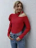 Sexig One Shoulder Red Blouse Shirt Women Fashion Bownot Choker Toppar Höst Vinter Kvinna Puff Sleeve 210427