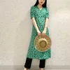 Japan Style Slim Waist A Line Office Lady Dress for Women Summer Temperament V-neck Puff Sleeve Fresh Print 210525