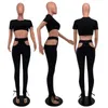 HAOYUAN Sexy Conjunto de dos piezas Trajes de verano para mujeres Crop Top y dobladillo hueco con cordones Pantalones Sweatsuit Club Cumpleaños Conjuntos a juego Y0625