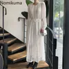 Nomikuma Dresses for Women Korean Lace Hook Hollow-out Elegant Vestidos Causal Bow Bandage Slim Waist Dress New 6F205 210427