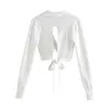 Women White Cropped Tops Sexy V-neck Collared Long Sleeves Elegant Chic Lady High Fashion knitted T-shirt Woman Clothes 210709