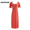 Aachoae Elegantes Kleid mit Blumendruck vorne geteiltes Party-Midikleid Schmetterling Kurzarm Vintage rotes Kleid A-Linie Sommerkleid Vestido 210730