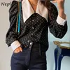 Hit Color Patchwork Dot Blouse Mulheres Grande Collar Soph Manga Longa Única Peito Blusas Primavera Camisa Solta 210422