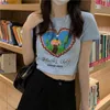 Cartoon Pattern Heart Cute Short Design Fashion Short Sleeve O-neck Women Basic Simple Street Slim Women Crop Tops 210522