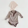 Spring Autumn Infant Baby Boys Girls Stripe Rompers And Hat Clothing Kids Boy Girl Long Sleeve Triangle Clothes 210429