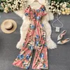 Mulheres Floral Floral Romper Mulheres Elegante Off Ombro Buff de Manga Curta Jumpsuit Feminino Loose Largna Perna Playsuits Moda 210519