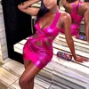 Seksowna sukienka na seks nocy Solidna sprzedaż Suknie klubowe Kobiety V Neck Hollow Out Stitching Skinny Mini Vestido de Mulher 210513