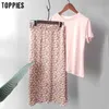 Toppies zomer schattige roze set vrouwen twee stukken set casual katoen linnen slanke t-shirts Hoge taille rokken 210708