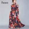 Herfst Mode Runway Designer Zomer A-lijn Jurk Dames Rode Bloemenprint Geplooide Vintage Maxi Jurken Vestido de Festa Longo 210520