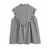 Qooth Rétro Plaid Col En V À Manches À Volants Pull Robe Femmes D'été Style Robe Lâche Causal À Manches Courtes Robe QT704 210518