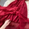 Sexy Slash Neck Chiffon Langes Kleid Frauen Rot/Grün/Lila Unregelmäßige Rüschen Kurzarm Hohe Taille Strand Vestidos weibliche 2021 Y0603