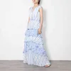 Ruche patchwork blauwe jurk voor vrouwen v-hals mouwloze hoge taille backless maxi jurken vrouwelijke mode kleding 210520