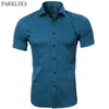Camisas de vestir de fibra de bambú elástica para hombres Verano Manga corta Hombres Casual Marca Trabajo de negocios Camisa Masculina 210626